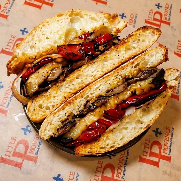 A Little Provence sandwich with grilled vegetables and cheese on ciabatta bread.