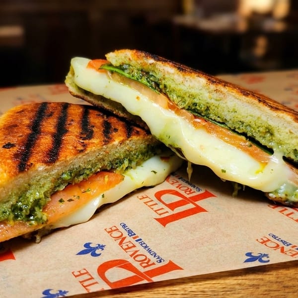 Grilled salmon pesto panini sandwich at French cafe in Arcadia CA