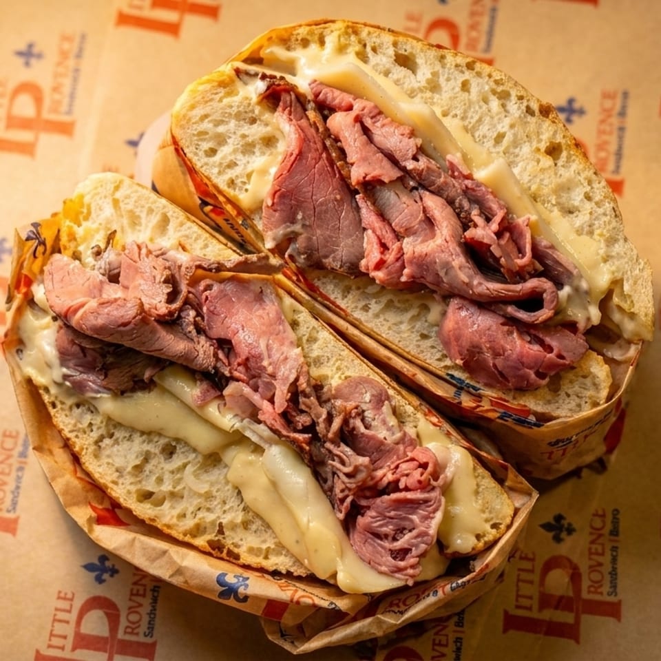 Two halves of a Little Provence roast beef and cheese sandwich on branded paper.