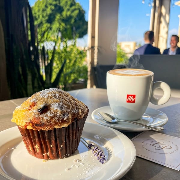 Fresh muffin and cappuccino at Little Provence Cafe brunch spot in Arcadia